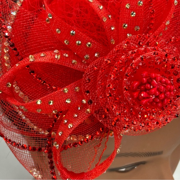 Women’s Floral Mesh Shimmer Elegant Formal Church Side Hat Hair Accessory Red - Picture 4 of 6